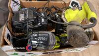 Box of Ryobi & Hitachi cordless drills & batteries, and Ryobi sander