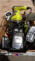 Box of Ryobi & Hitachi cordless drills & batteries, and Ryobi sander - 2