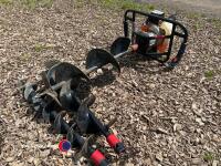 2-stroke posthole auger, 2 stroke, slight damage to handle, could benefit from replacing but still works. c/w 3x auger bits, gwo - 2