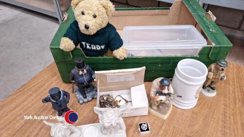 Box of assorted bric a brac including animal figurines, Guinness mug and child's teddy bear