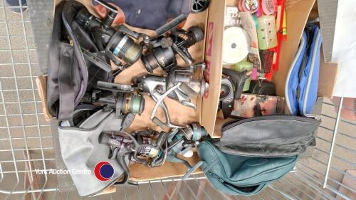 Quantity of Fishing reels & keep nets, rod bag. Reels include Shakespeare, Okama, TCA & Shimano