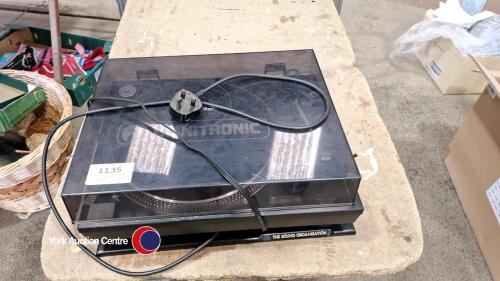 Omnitronic turntable and Linn Helix speakers on stands