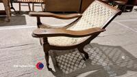 Original vintage Indian veranda chair, teak with rattan seat. Bought in Delhi and imported back to the UK in the 90's. In good condition though in need of a little maintenance on one of the arms. - 3