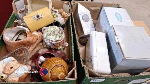 2 x boxes of household including ornaments, decorative teapots, jars and biscuit tin