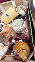 2 x boxes of household including ornaments, decorative teapots, jars and biscuit tin - 2
