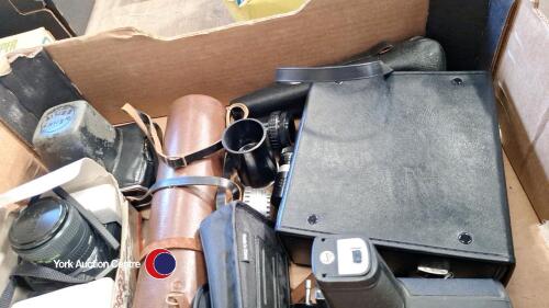 Box of cameras and equipment including Ricoh 35mm SLR camera