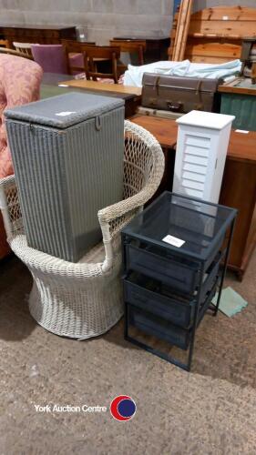 Wicker chair, wicker basket, small bathroom cupboard and small metal stationary drawers