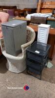 Wicker chair, wicker basket, small bathroom cupboard and small metal stationary drawers