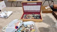 Wooden box and flowered box of jewellery