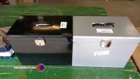 2 metal storage boxes, 1 black and 1 silver with lock and key 14.25'w x 11'l x 8.75'd - 2