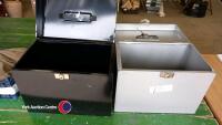 2 metal storage boxes, 1 black and 1 silver with lock and key 14.25'w x 11'l x 8.75'd - 3