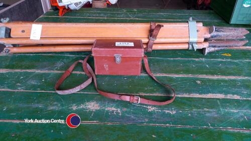 Vickers S24 surveyor's theodolite level. Metalic green in very good condition in tan leather case lined with green felt. Beech tripod stand, excellent condition.