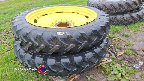 Set of row crops to fit JD 6000 series, 2 x rears R46, low tread but hold air, 2 x fronts, 270/95/R32, 60% tread. Universal rims, centres could be swapped to fit other makes.