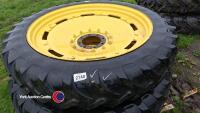 Set of row crops to fit JD 6000 series, 2 x rears R46, low tread but hold air, 2 x fronts, 270/95/R32, 60% tread. Universal rims, centres could be swapped to fit other makes. - 2