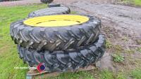Set of row crops to fit JD 6000 series, 2 x rears R46, low tread but hold air, 2 x fronts, 270/95/R32, 60% tread. Universal rims, centres could be swapped to fit other makes. - 4