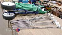 A set of unused Howson Apollo ladies clubs. Would also suit young adult. 3-7 irons, sand wedge, 1,3,5 woods. Unused royal blue golf trolley & green Maxfli golf bag. Vintage putter also included - 3