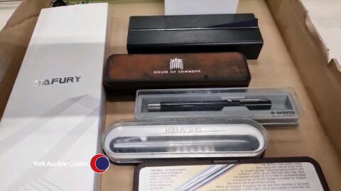 Box of pens including Parker and Sheafer, boxed Hafory Smart watch and Pierre Cardin boxed watch