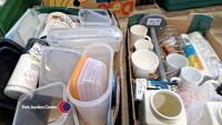 Kitchen box including Tupperware, mugs, utensil holders, cheese mill, storage jars, collectable tins etc