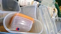 Kitchen box including Tupperware, mugs, utensil holders, cheese mill, storage jars, collectable tins etc - 2