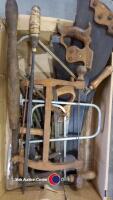 Box of woodworking tools including saws and wood clamps - 2