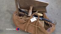 Builders bag and contents including floats, trowels and crowbar