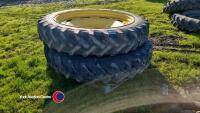 Set of row crops to fit JD 6000 series, 2 x rears R46, low tread but hold air, 2 x fronts 270/95/R32, 60% tread. Universal rims, centres could be swapped to fit other makes.
