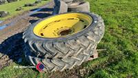 Set of row crops to fit JD 6000 series, 2 x rears R46, low tread but hold air, 2 x fronts 270/95/R32, 60% tread. Universal rims, centres could be swapped to fit other makes. - 4