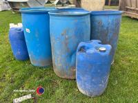 7 x blue plastic barrels suitable for animal feed troughs