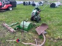 Vintage Monroe tiller with Villiers engine complete with rotary cultivator, furrower and cutter bar for mowing, operating and parts books in office