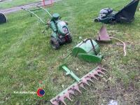 Vintage Monroe tiller with Villiers engine complete with rotary cultivator, furrower and cutter bar for mowing, operating and parts books in office - 2