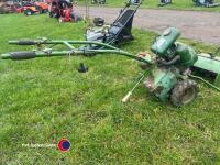 Vintage Monroe tiller with Villiers engine complete with rotary cultivator, furrower and cutter bar for mowing, operating and parts books in office - 4