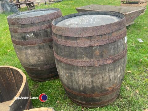 Pair vintage oak whiskey barrels