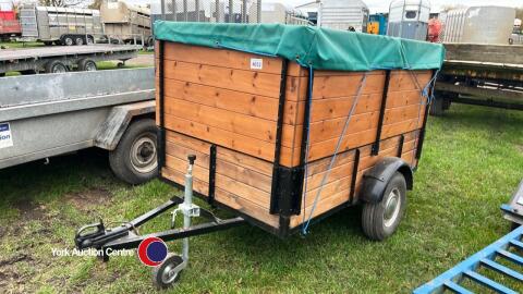 Camping trailer (unbraked) wooden sided plus extended sides and cover, 2 wheeled, good condition - Key in office