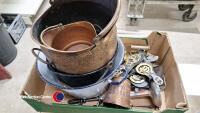 Box of metal household items including some brass, coal scuttle and companion set