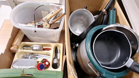 2 x boxes of kitchen items including pans and utensils