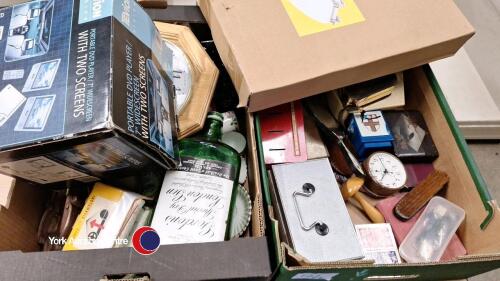 2 x boxes of ornaments, large empty gin bottle and barometer