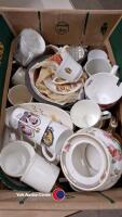 Box of decorative pottery including Royal Family items and Aynsley rose bowl