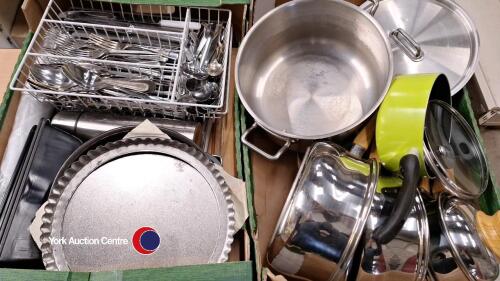 2 x boxes of kitchen items including cutlery and Viners pans