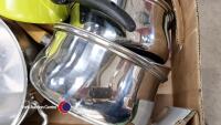 2 x boxes of kitchen items including cutlery and Viners pans - 2