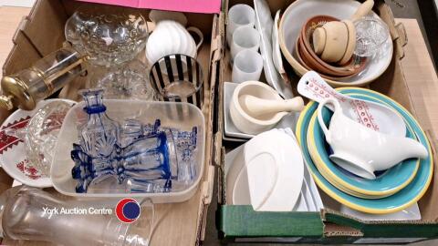 2 x boxes of tableware including decorative blue glass