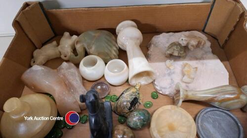 Box of carved stone animals etc