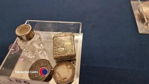 2 x silver medals, silver collared Victorian scent bottle and a Vesta case