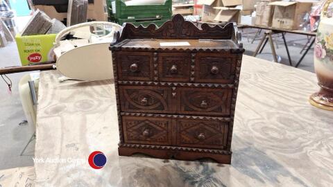 Vintage jewellery box, wooden miniature chest of drawers with lift up lid.