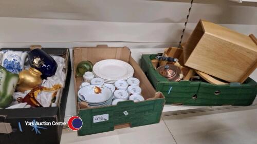 3 x boxes of kitchenware including copper kettle and Royal Worcester plus box of vases