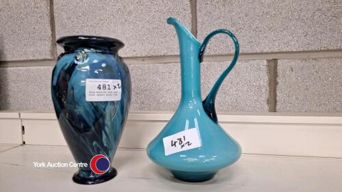 Blue marbled vase and blue opaque glass jug