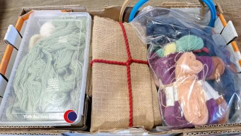 Box of wool containing crewel and tapestry wool etc