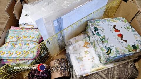 Box of sewing/quilting accessories. Fat quarters, quilting ruler etc.