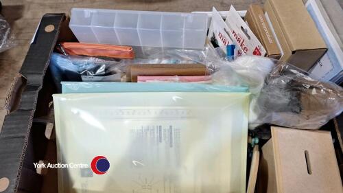 Box of sewing and craft accessories incl felting, embroidery, marquetry kits, knitting needles etc.