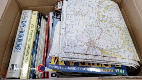 Box of assorted Ordnance Survey maps plus assorted books