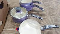 Set of 4 x lilac Swan retro kitchen pans and matching breadbin - 3